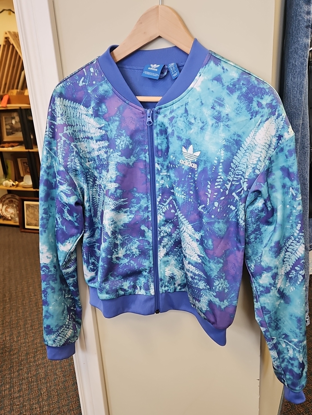 Nwoy Adidas Tie-Dye Fern Print Bomber Jacket - Blue/Purple SzM Ptp 21.5 L21